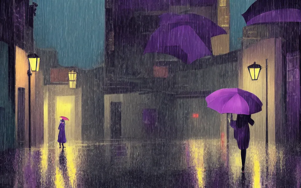 Image similar to a woman holding a purple umbrella walking on the wet street on a rainy night in a kyoto alley way by makoto shinkai by studio ghibli and by wes anderson. dramatic lighting. cel shading.