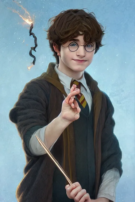 Image similar to beautiful cottagecore young harry potter holding a magicwand. intricate, elegant. highly detailed, digital painting, artstation, concept art, smooth, sharp, focus, illustration. . art by artgerm and greg rutkowski and alphonse mucha