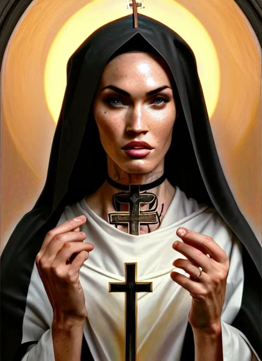 Image similar to portrait of megan fox as a nun with face tattoos, catholic, church, bible, christian, intricate, headshot, highly detailed, digital painting, artstation, concept art, sharp focus, cinematic lighting, illustration, art by artgerm and greg rutkowski, alphonse mucha, cgsociety