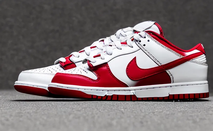 Image similar to a press photograph of nike dunk low red and white, size 1 0, white background