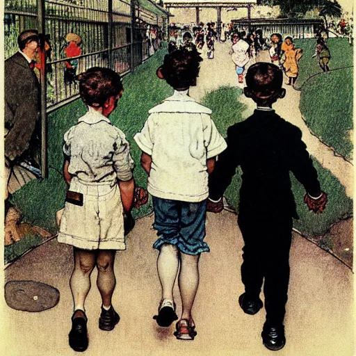 Prompt: rear view of a young boy, a woman and a man, walking in a zoo, sketch by norman rockwell