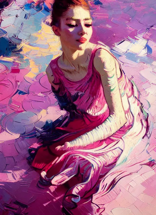 Prompt: portrait of a beautiful girl, smiling, ecstatic dancing, eyes closed, shades of pink, beautiful face, rule of thirds, intricate outfit, spotlight, by greg rutkowski, by jeremy mann, by francoise nielly, by van gogh, digital painting