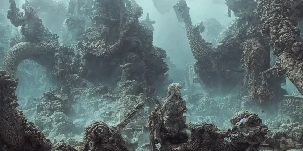 Image similar to Underwater ancient temple, statues, rubble, broken pillars, fishes, coral, Monster Hunter Illustrations art book, Moebius, Greg Rutkowski, Zabrocki, Karlkka, Jayison Devadas, Phuoc Quan, trending on Artstation, 8K, ultra wide angle, zenith view, pincushion lens effect.