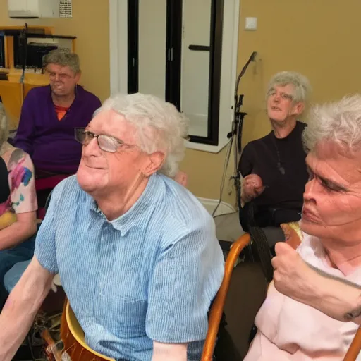 Prompt: nervous gender band play at old folks home