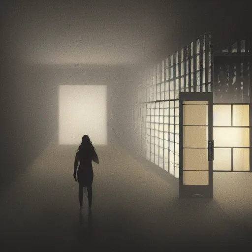 Prompt: woman holding a flashlight running through the interior of a furniture store, refrigerators, cinematic lighting, night, terrifying, scp 3008, landscape, fog, artstation