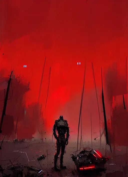 Image similar to horror art, meta - human troopers in a muddy trench, red vortex sky in the background, art by ismail inceoglu