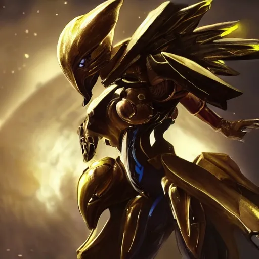 Image similar to cinematic _ hyperdetailed _ league _ of _ legends _ azir _ armor _ metroid _ ravenbeak _ fanart _ gold _ armored _ bird _ wings _ regal _ gold _ sunray _ shaped _ crown _ warframe _ destiny 2 fanart