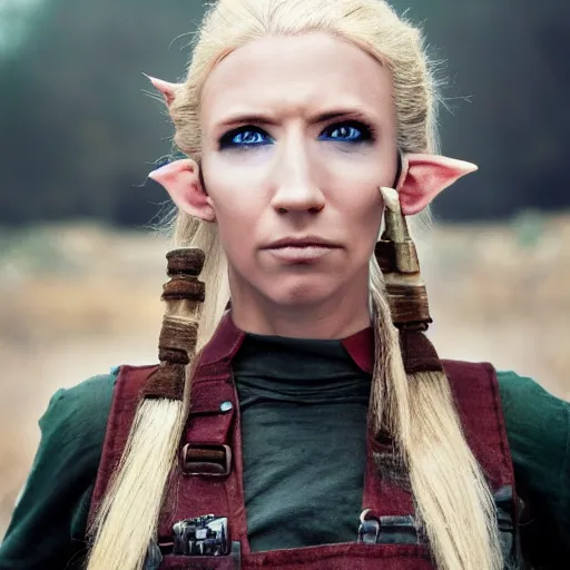 Image similar to close up headshot of a skinny female high-fantasy elf with a long face narrow chin and spiky blonde hair wearing dark brown overalls and holding a bomb next to a destroyed car, gel spiked blond hair, small ears, narrow lips, high resolution film still, HDR color