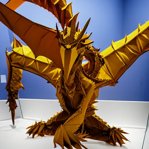 Prompt: dragon origami in a museum, photorealistic, accurate