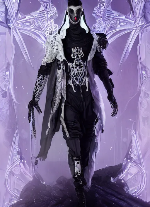 Image similar to a handsome male cyborg with a white techwear mask, purple garment with art nouveau ivory accessories, dressed in black intricate lace and jewels, ethereal, misty, cyberpunk, darksynth, luxury, concept art by zeen chin, extremely detailed, artstation, andree wallin, edvige faini, alphonse mucha, 8 k, unreal engine 5