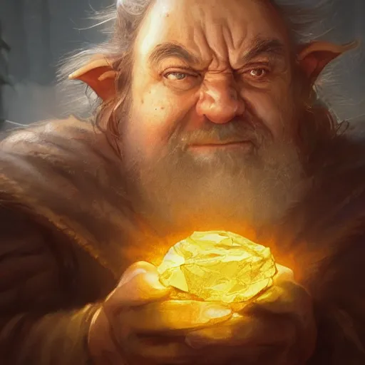 Prompt: portrait of a dwarf hugging the humongous raw, unrefined gold nugget, lump of native gold, realistic, handsome eyes and hands, fantasy art, dnd, lord of the rings, mid - shot, moody lighting, by greg rutkowski, wlop, artgerm, trending on artstation, concept art, sharp focus, ray tracing