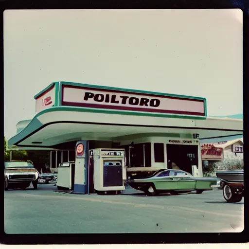 Prompt: polaroid photograph of a gas station from 1 9 6 8