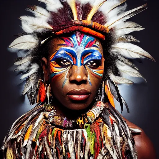 Prompt: editorial full body photo portrait of beautiful and strong African shaman princess at night, souronded with ghosts of animals, shaman body, feathers and paint, photo by mario testino, cinematic, hyper detailed, micro details, insanely detailed, trending on artstation,dark background, dramatic lighting, cinematic angle, concept art, insanely detailed and intricate