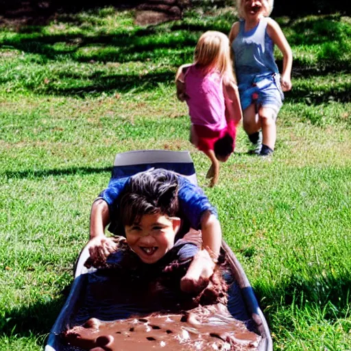 Image similar to kid going down chocolate pudding slip n slide head first, photo taken at the park