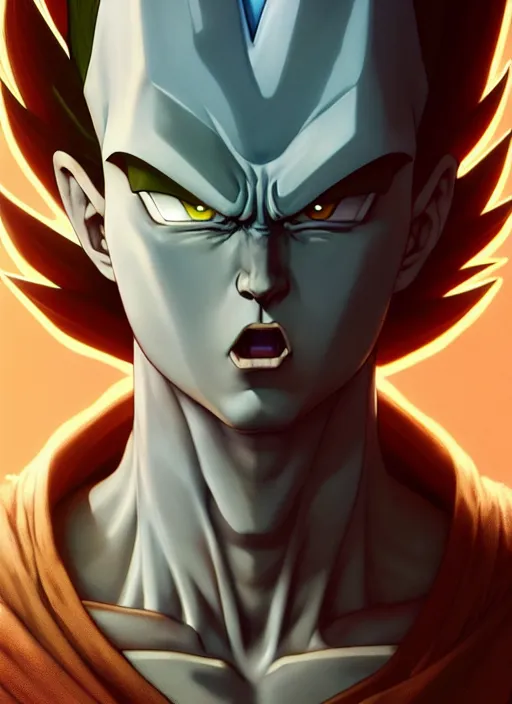 Image similar to by greg rutkowski, symmetry, concept art by artgerm, distance portrait of a hyper realistic prince vegeta, intense, epic, ssj, alphonse mucha, octane render, highly detailed, high quality, 8 k, soft lighting, path traced, and uang guangjian and gil elvgren, symmetry!!