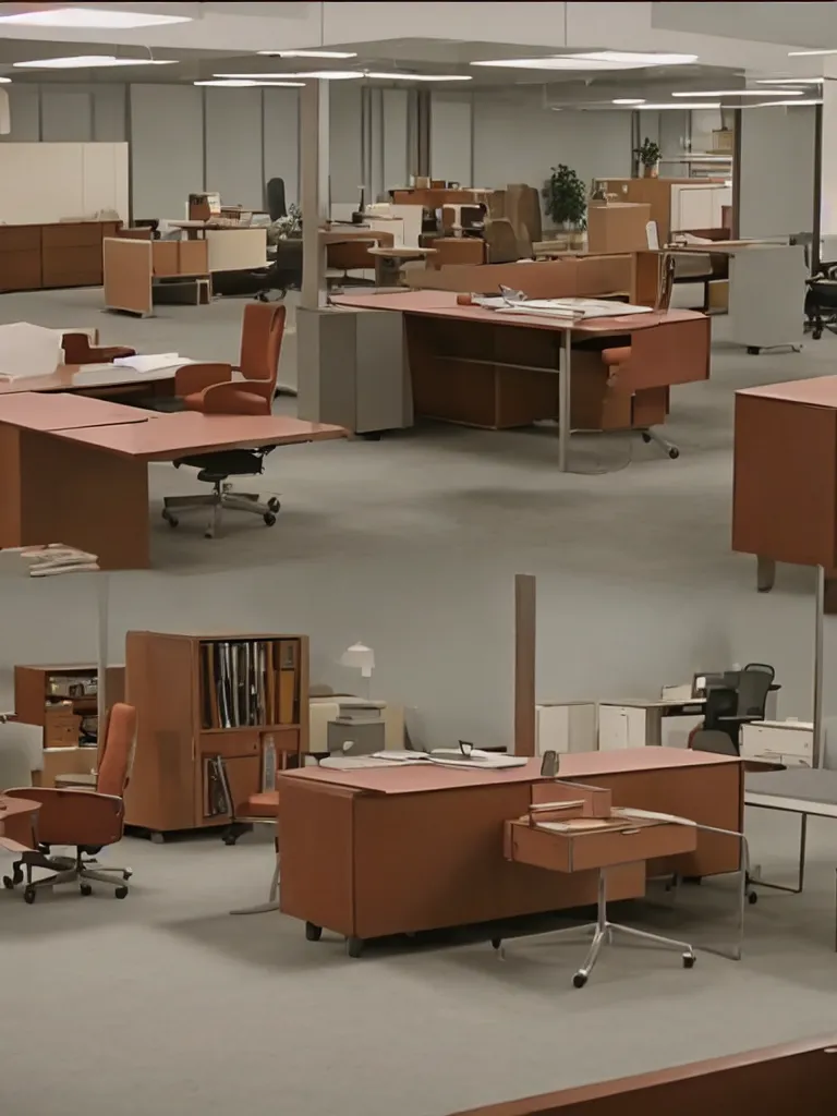 Image similar to a still of severance series ( 2 0 2 2 ) indoor 7 0 s furniture office scenario appearing in a film of jacques tati