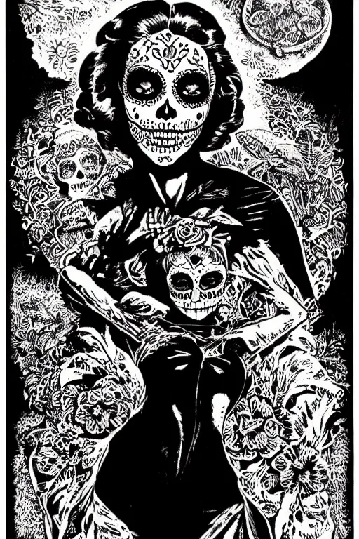 Prompt: Illustration of a sugar skull day of the dead girl, art by virgil finlay