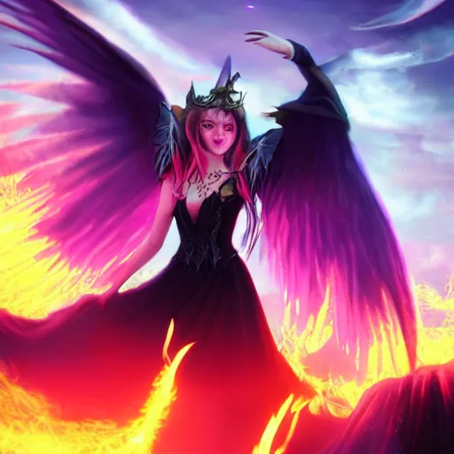 Prompt: young vampire princess witch summons with burning wings serious colorful 4 k high definition dramatic lighting artstation trending path traced contrast light and dark colorful bokeh massive scale cinematic breathtaking by dore, gustave