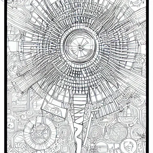 Image similar to Simplistic coloring book of a turbine blueprint, black ball pen on white paper, by Josan Gonzalez and Geof Darrow