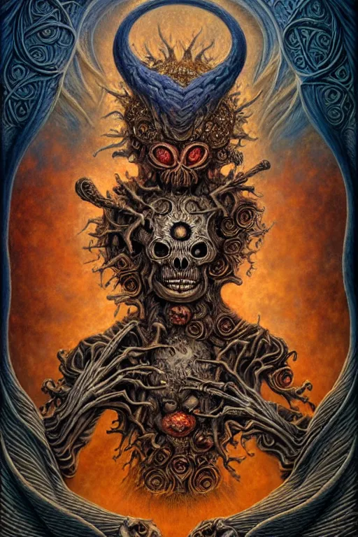 Image similar to A beautiful detailed grotesque monster super cute tarot card, by tomasz alen kopera and Justin Gerard, symmetrical features, ominous, magical realism, texture, intricate, ornate, royally decorated, mechanic, skeleton, whirling smoke, embers, red adornements, blue torn fabric, radiant colors, fantasy, trending on artstation, volumetric lighting, micro details, 3d sculpture, ray tracing, 8k, anaglyph effect, digital art