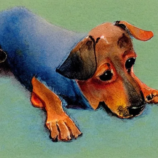 Image similar to jerry pinkney illustration of a dachshund