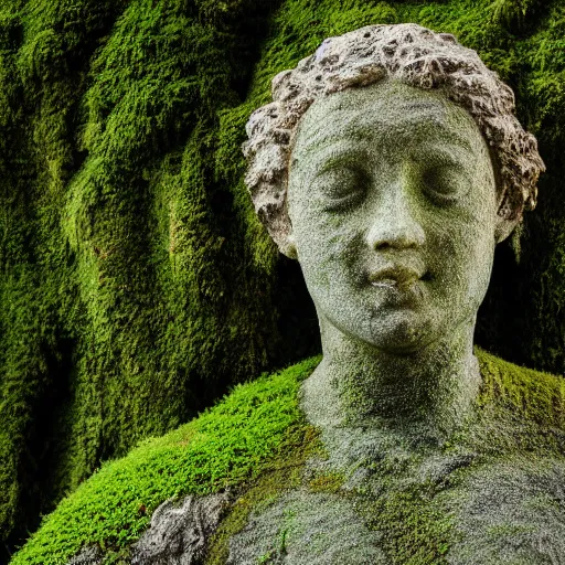 Prompt: photo of a statue covered in moss
