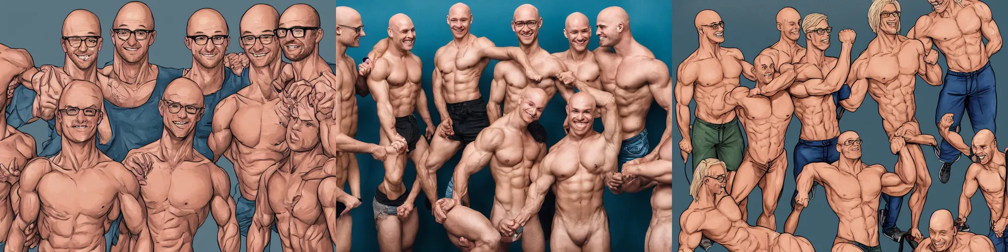 Prompt: A group of two blonde muscular young smiling men with glasses lifting all day 💪 and one bald muscular man, one guy is wearing contact lenses, in the style of Martine Johanna, , detailed anatomy, high resolution, 4k