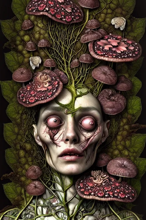 Image similar to very sad and detailed rotten woman corpse with fractal plants and fractal flowers and mushrooms growing around, face muscles, veins, arteries, intricate, ornate, surreal, ray caesar, john constable, guy denning, dan hillier