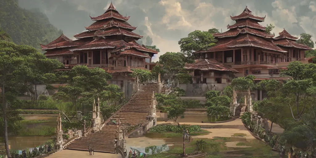 Image similar to Sprawling imposing grand royal Filipino palace with a grand staircase leading up the palace, 6 storeys, native Filipino architecture, located atop a rice field in a valley, beside a great chasm, digital painting, concept art by Shaddy Safadi