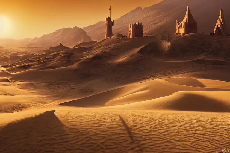 Image similar to single fantasy castle in foreground in the desert sands with rolling sand dunes in the background and a scorching sun moving through the cloudless sky, illustrated by Greg Rutkowski and Gaston Bussiere, 35mm lens, beautiful macro close-up imagery, intense hot lighting, beautiful volumetric-lighting-style atmosphere