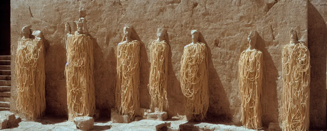 Prompt: an ancient phoenician idols made of spaghetti, polytheism, architectural, minimal, canon 5 0 mm, wes anderson film, kodachrome