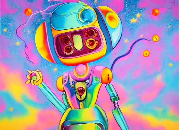 Image similar to a cute robot girl holds the world in her hand, an ultrafine detailed painting by lisa frank, trending on deviantart, pop surrealism, whimsical, lowbrow, colorful