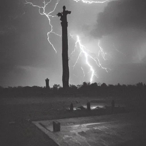 Prompt: scary unproportionally tall disfigured ghost creature in the middle of an old battlefield, thunderstorm, 35mm picture