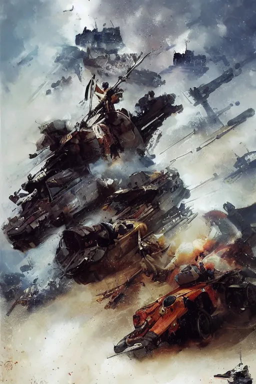 Prompt: let your soul be armoured with faith, driven on the tracks of obedience which overcome all obstacles, and armed with the three great guns of zeal, duty and purity., by ryohei hase, by john berkey, by jakub rozalski, by john martin