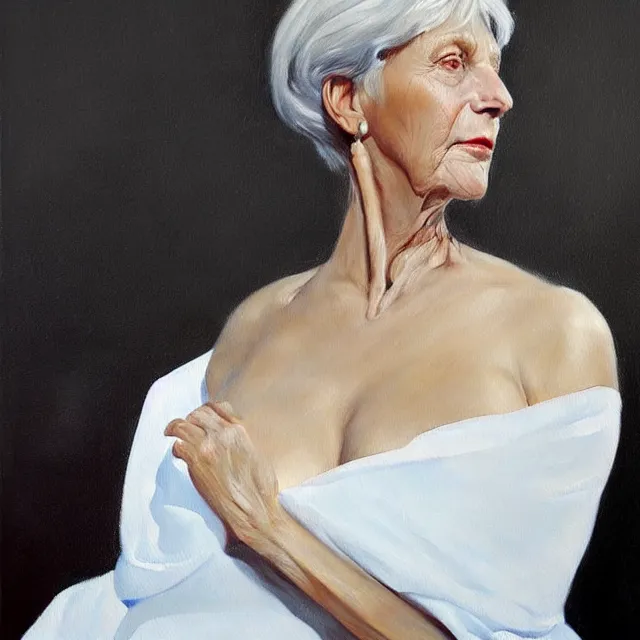 Prompt: a painting of a stunning middle aged woman in a white dress, a photorealistic painting by julio larraz, trending on cg society, figurative art, hyper realism, oil on canvas, detailed painting, eerie, liminal, subtle