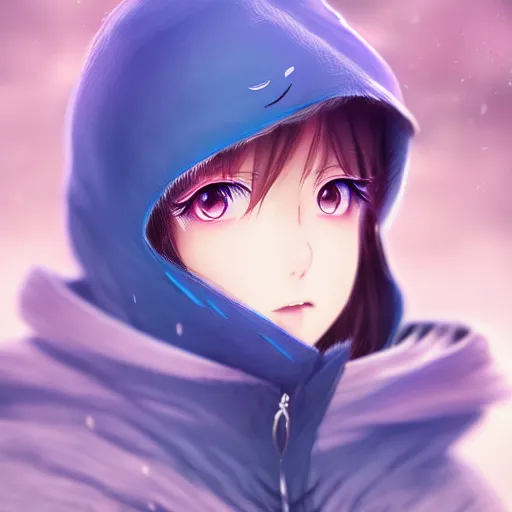 Image similar to advanced anime character art render, beautiful anime girl wearing a whale skin hoodie outfit ,blue watery eyes, close up , Rossdraws, WLOP , Sakimimichan