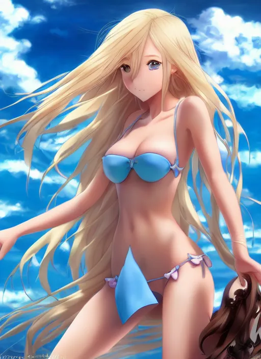 Image similar to a very beautiful young anime giantess with her tiny dad, full body, long wavy blond hair, sky blue eyes, full round face, evil grin, bikini, miniskirt, front view, mid - shot, highly detailed, cinematic wallpaper by stanley artgerm lau