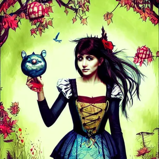 Image similar to anushka sharma as alice in wonderland. comic book style. gothic. forest background. hyperrealistic. artist android jones.