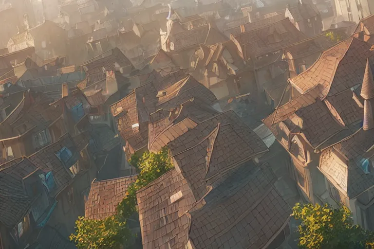 Image similar to a wholesome animation key shot of a city with roofs with tiles, medium shot, studio ghibli, pixar and disney animation, sharp, rendered in unreal engine 5, anime key art by greg rutkowski, bloom, dramatic lighting