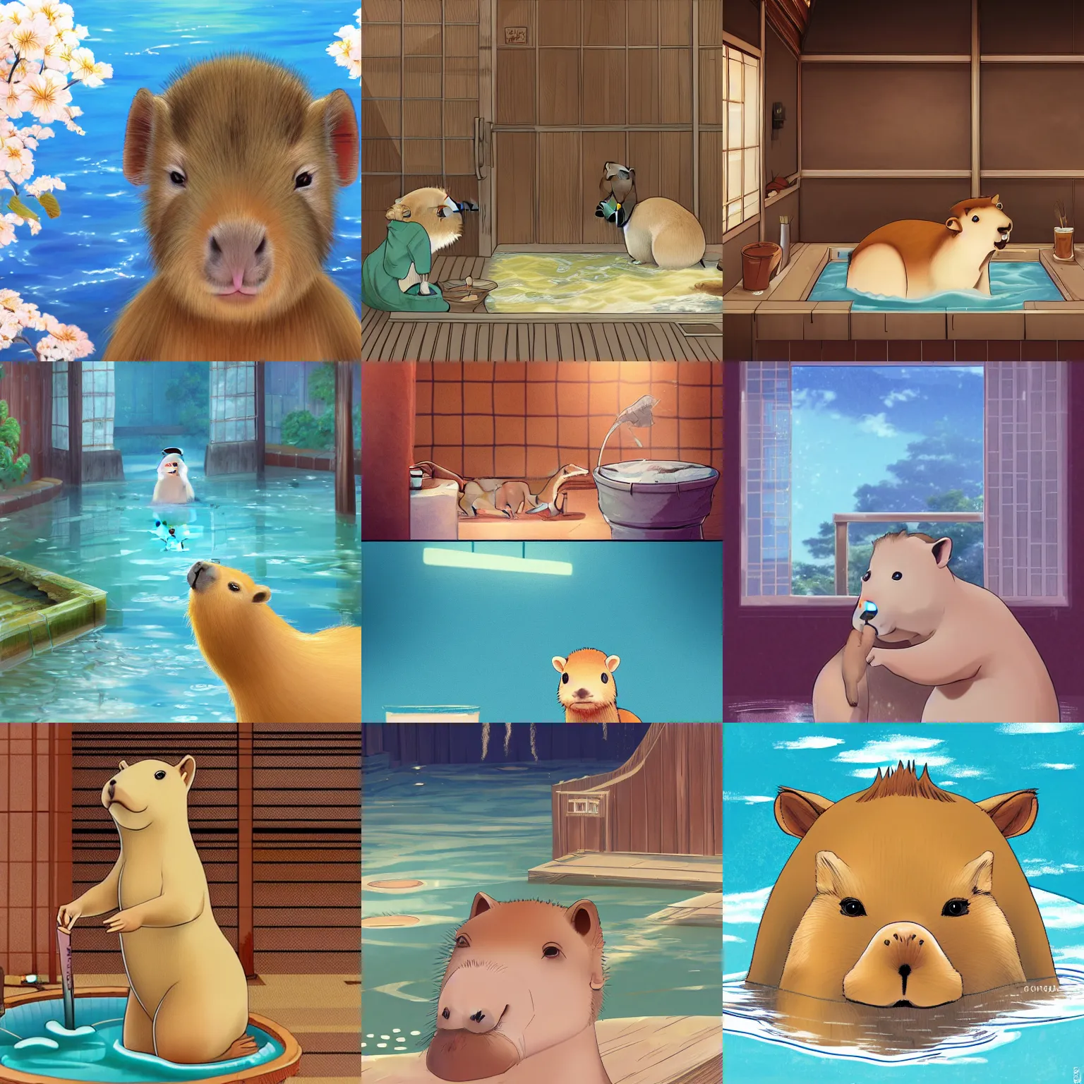 Prompt: a cute capybara in an onsen, detailed, anime style by Kyoto Animation, Artstation, Behance