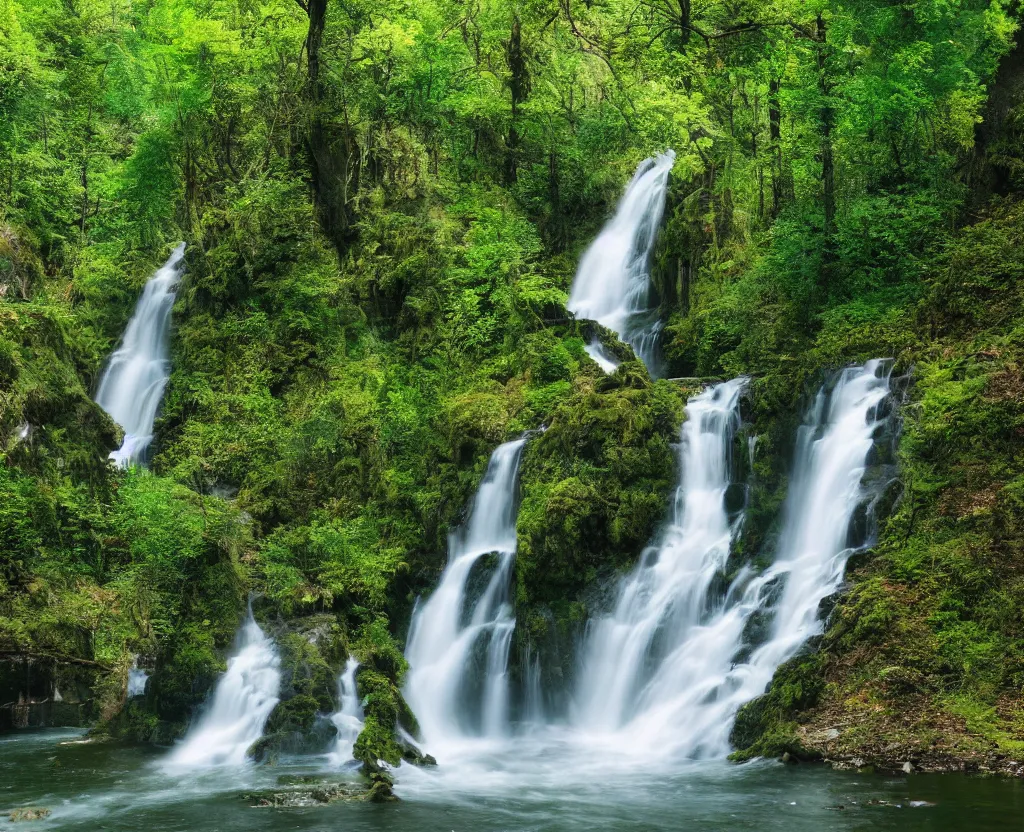 Image similar to the most beautiful panoramic 3 5 mm photography where a giant dreamy waterfall creates a river the trees around are starting and a deer