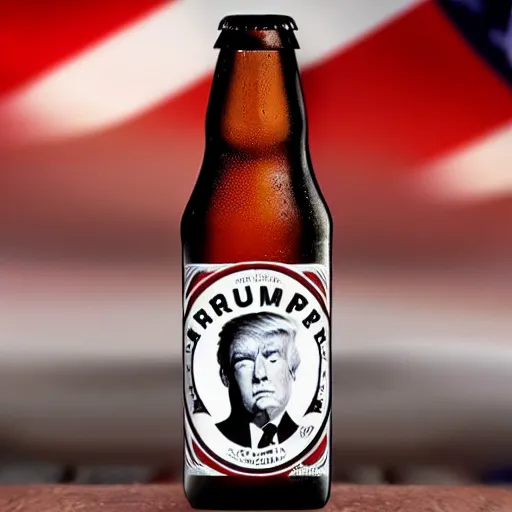 Image similar to a beer bottle with trumps face on its logo, hyper realistic, highly detailed.