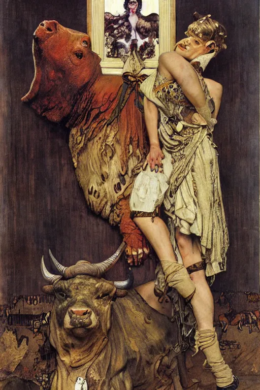 Prompt: full length portrait of bull headed monster, by lawrence alma tadema and rick berry and norman rockwell and jason fabok and everett raymond kinstler