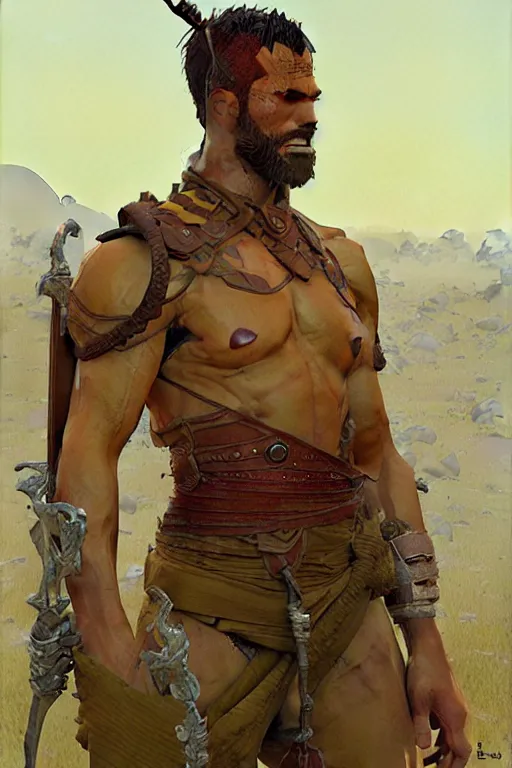 Image similar to warrior, attractive male, character design, painting by jean giraud, greg rutkowski, carl larsson, tom of finland