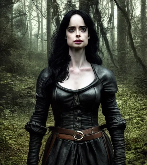 Image similar to 5 5 mm close up portrait photo of krysten ritter as yennefer of vengerberg in black leather armor and long black puff hair, in a forest. magical atmosphere. art by greg rutkowski. lifelike. very detailed 8 k. intricate. soft light. nikon d 8 5 0.