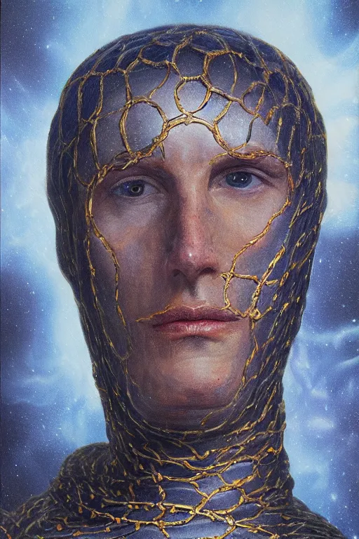 Image similar to hyperrealism oil painting, close - up portrait of face from a tangle of snakes medieval fashion model, knight, steel gradient mixed with nebula sky, in style of baroque