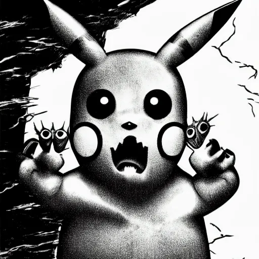 Prompt: a poster of a horror slasher movie starring pikachu