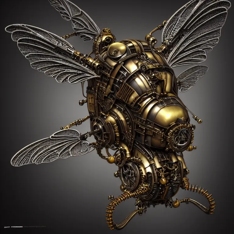 Image similar to steampunk cybernetic biomechanical bee with wings, 3 d model, very coherent symmetrical artwork, unreal engine realistic render, 8 k, micro detail, intricate, elegant, highly detailed, centered, digital painting, artstation, smooth, sharp focus, illustration, artgerm, tomasz alen kopera, wlop