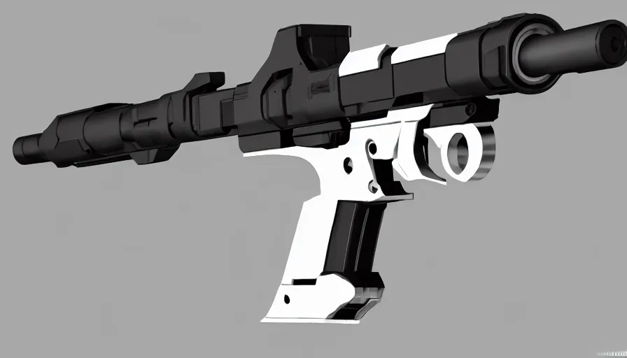 Image similar to extremely detailed ultra realistic photographic side view minimalist magnum pistol coilgun, detailed trigger, chemically propelled, battery, smooth streamline, battery and wires, railgun, chemrail, gauss, elegant sleek smooth body, white paint, smooth utopian design, ultra high quality, octane, artstation, destiny, warframe, terminator