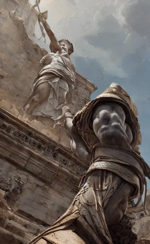 Image similar to looking up at a colossal statue of an old king at the entrance of an ancient greek harbor, greg rutkowski, 8 k, shallow depth of field, intricate detail, concept art,